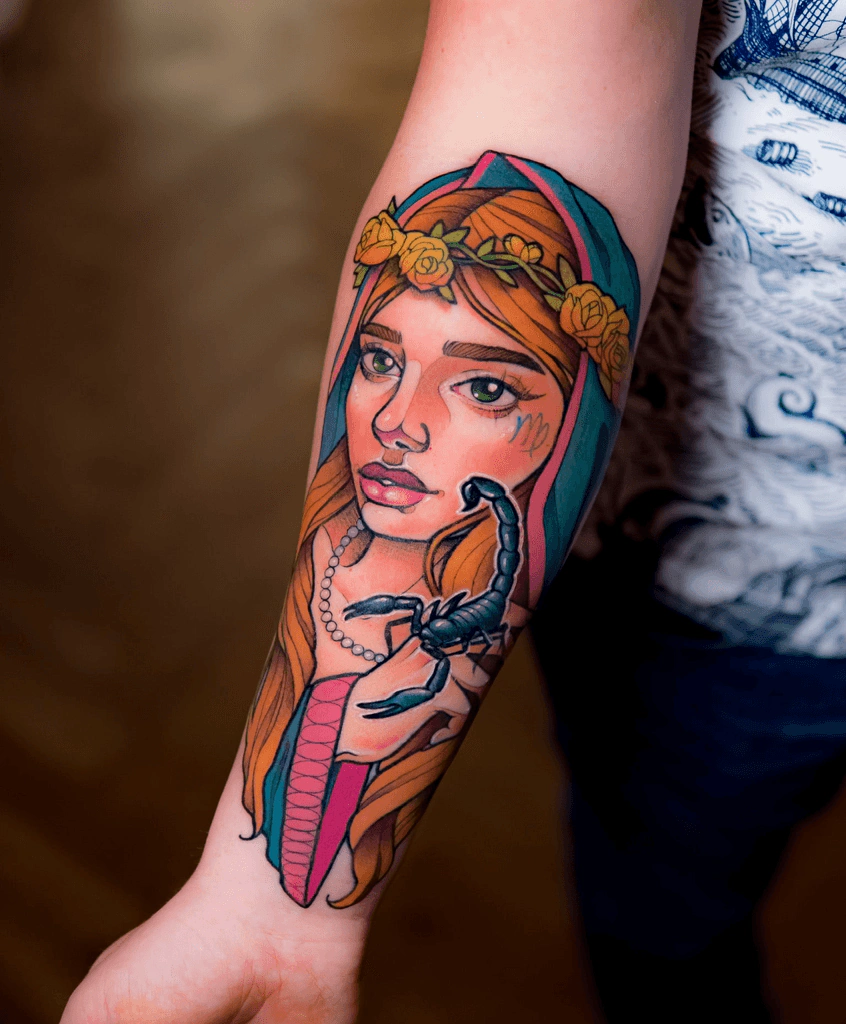 Neotradycyjny tatuaż kolorowy na przedramieniu, wykonany przez Dorotę z Ashi Tattoo