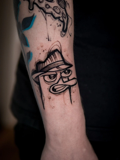 Tatuaż czarno-biały w stylu sketch na ręku, wykonany przez Kubę Żmiję